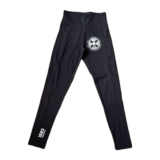 Black leggings featuring the university crest in white and "1583 Edinburgh in white text"