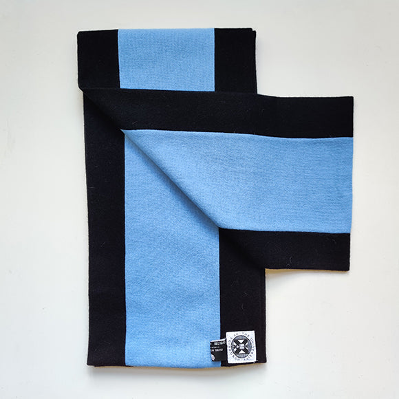 Black and light blue graduation scarf for M Ed award.