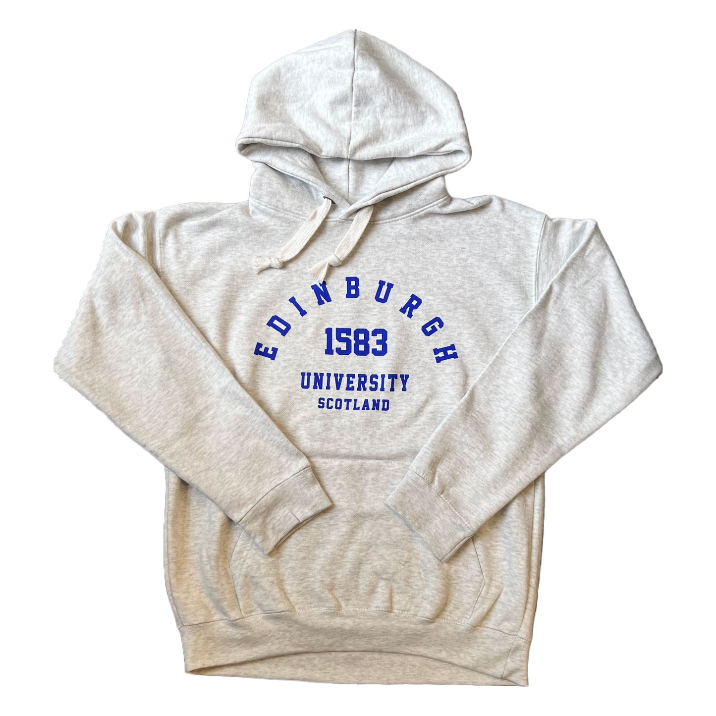 Light Grey Hoodie with 'Edinburgh University 1583 Scotland' in royal blue print