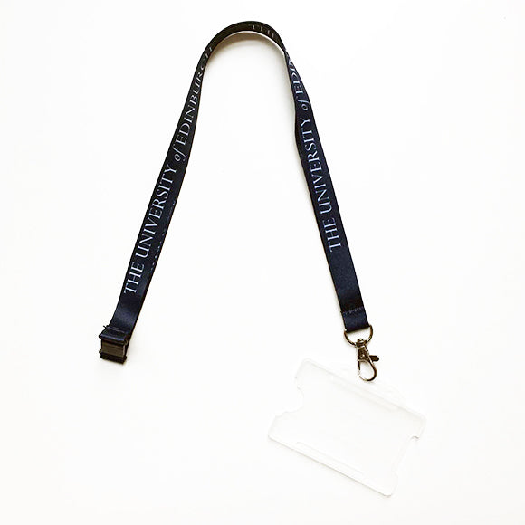 Navy blue lanyard with 'The University odd Edinburgh' in white print and clear plastic card holder.