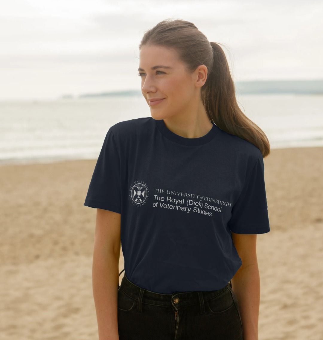A model wearing our Royal (Dick) Veterinary T Shirt