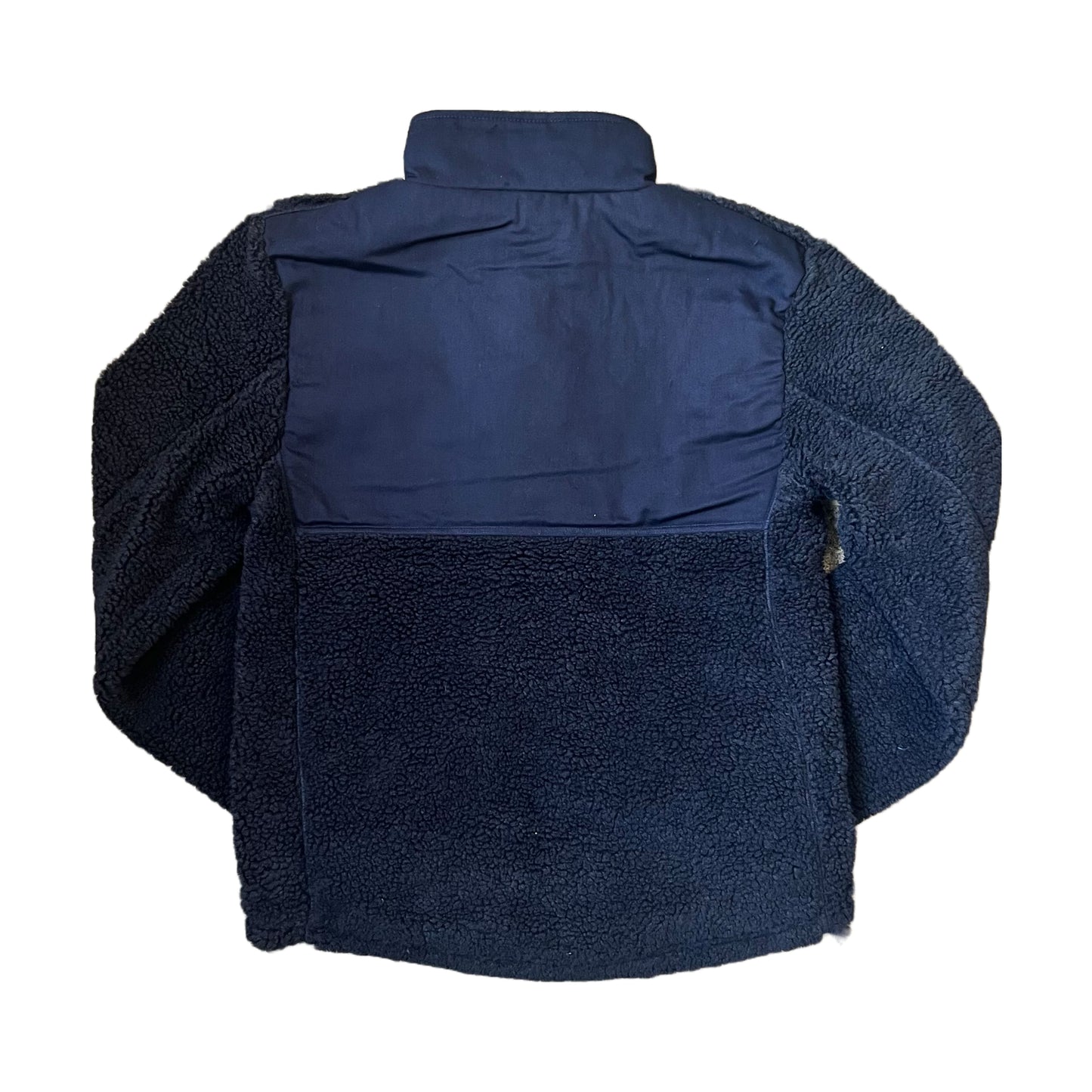 Back view of navy fleece sherpa jacket,