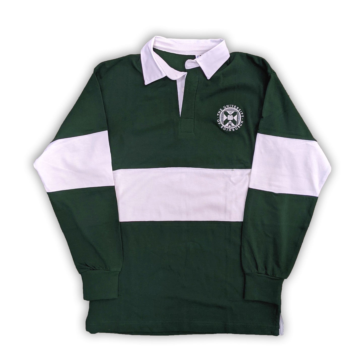Bottle green rugby shirt with white paneling, white collar and white crest detailing.