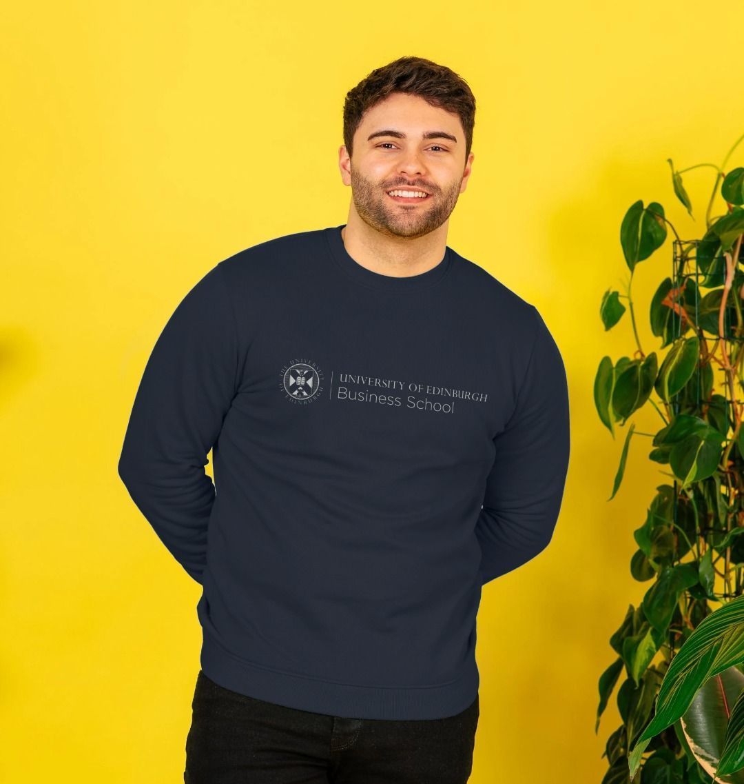 A model wearing our Business School Sweatshirt in navy.