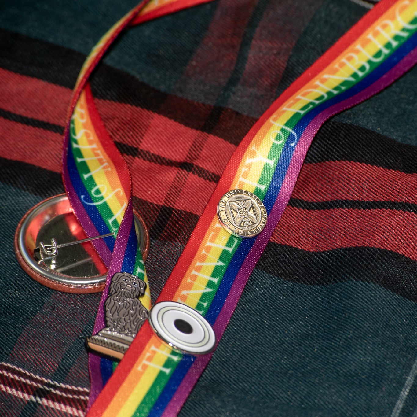 Our Silver Crest Pin, Graduation Pin and Greyfriars Bobby Pin displayed on one of our Rainbow Lanyards.