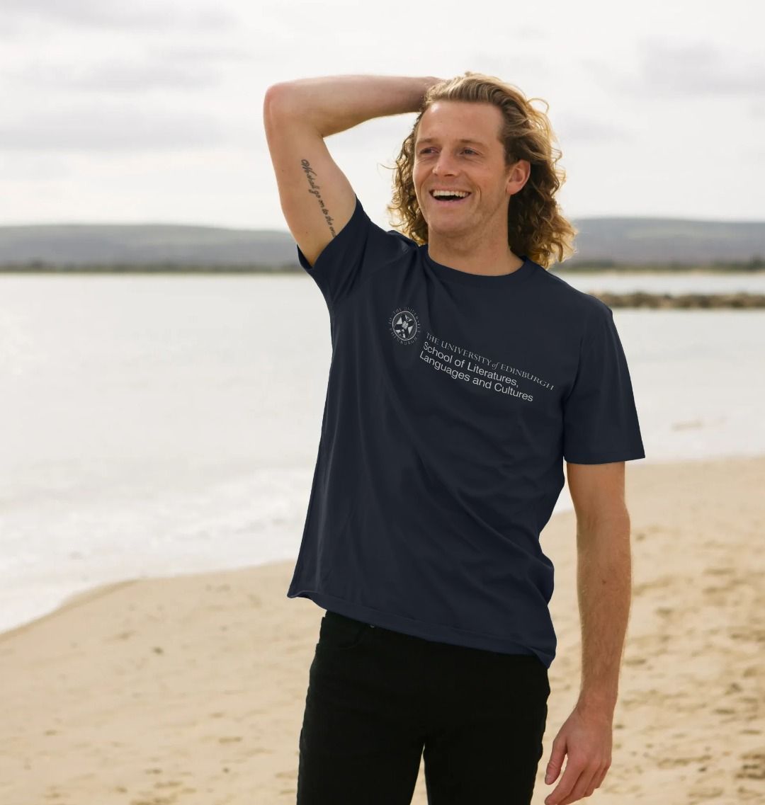 Navy T Shirt with white University crest and text that reads ' University of Edinburgh School of Literatures, Languages and Cultures