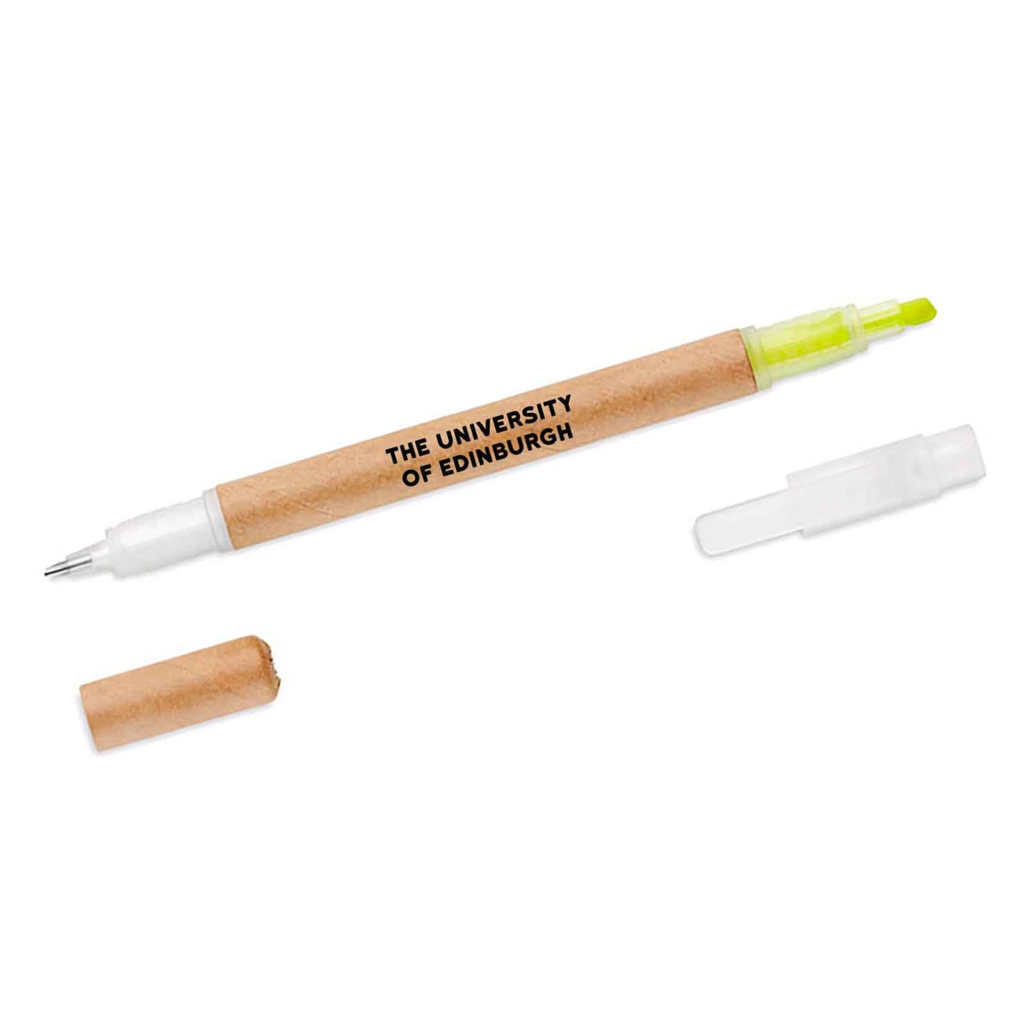 Our Recycled Highlighter Pen with a cardboard barrel that reads 'The University of Edinburgh; in black block print.