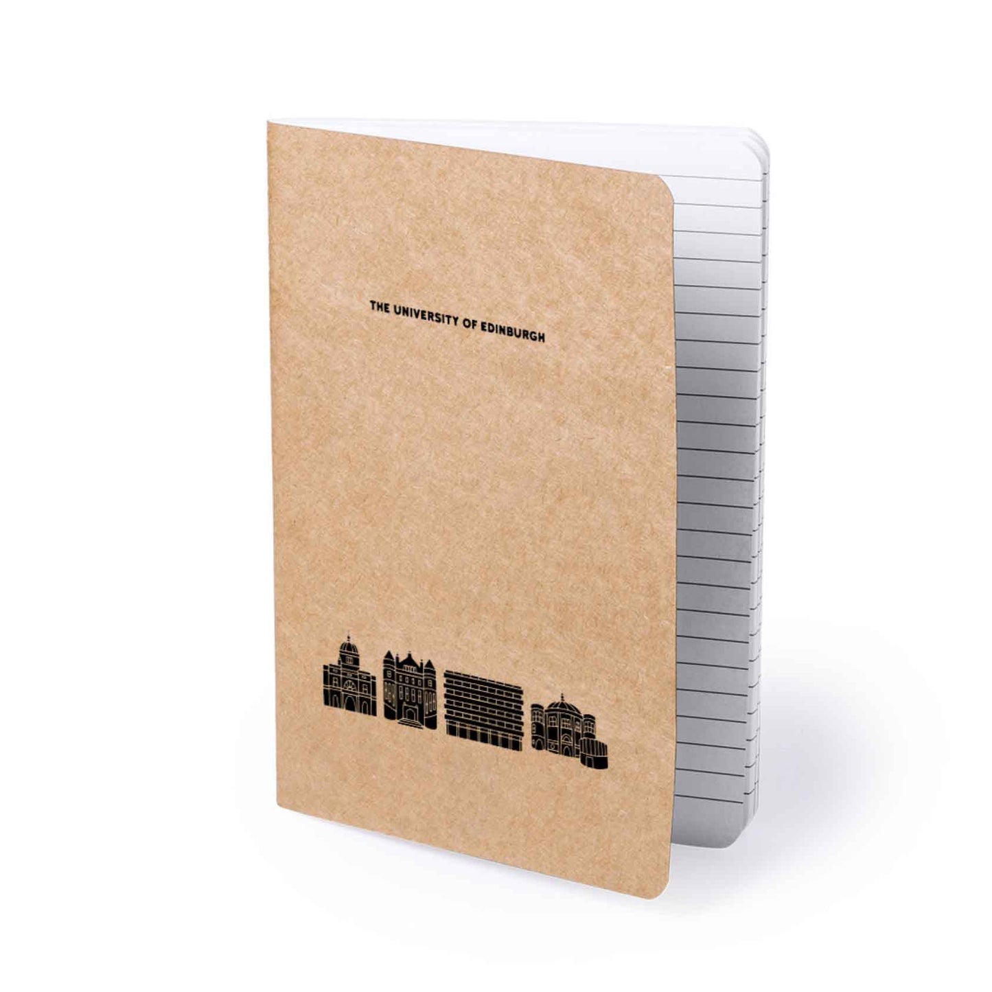 A5 kraft notebook with 'The University of Edinburgh' and University building illustrations of the cover in black print.
