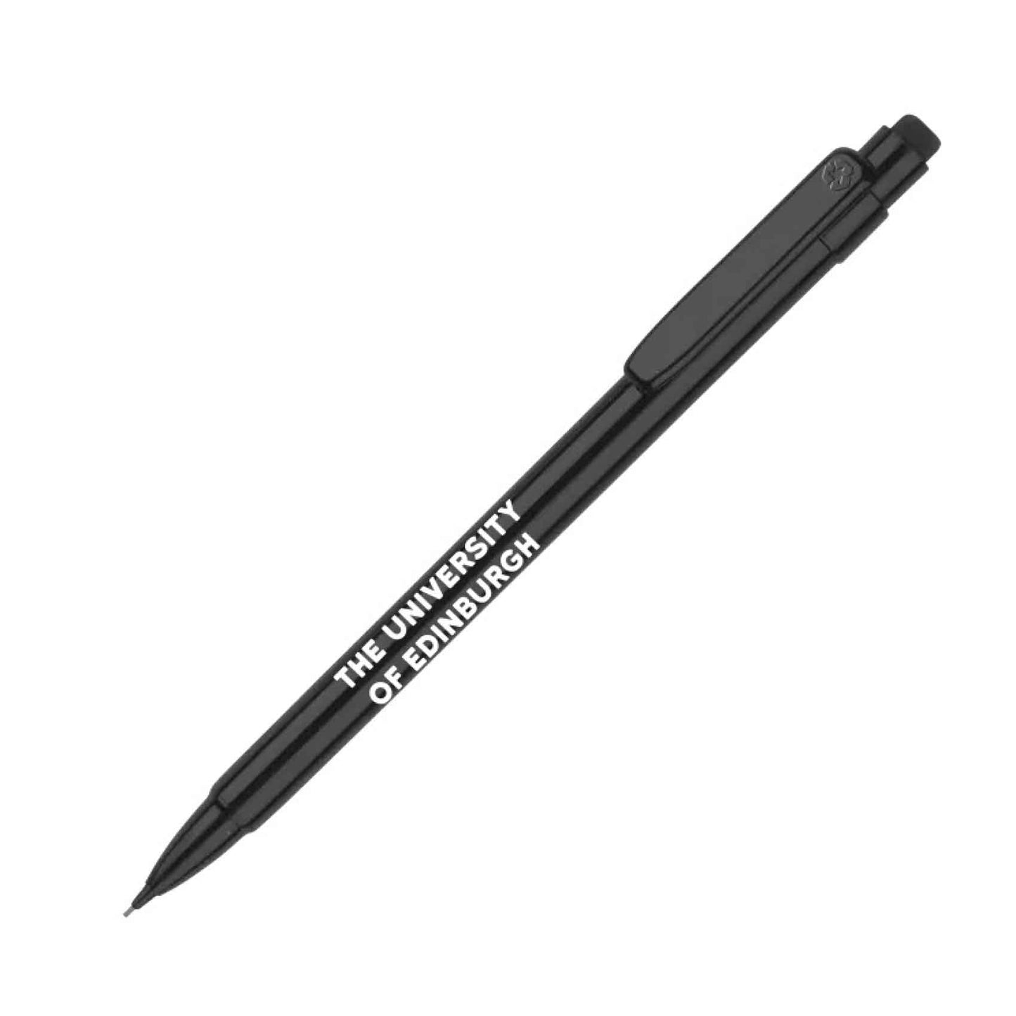 Black recycled plastic mechanical pencil with 'The University of Edinburgh' printed on the barrel in white bold print.