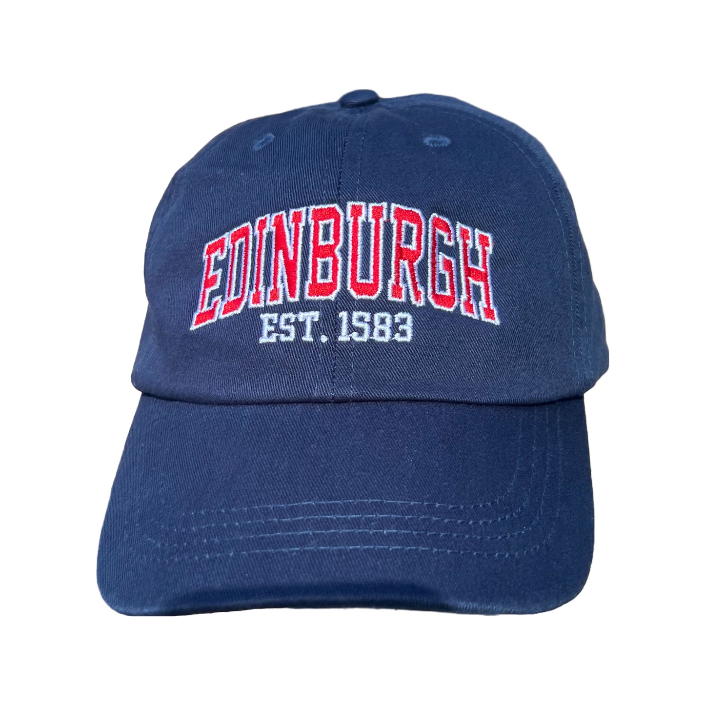 Front view of Navy Baseball cap with red and white embriodered text stating 'EDINBURGH'. Smaller white embriodered text stating 'EST 1583' is beneath this.
