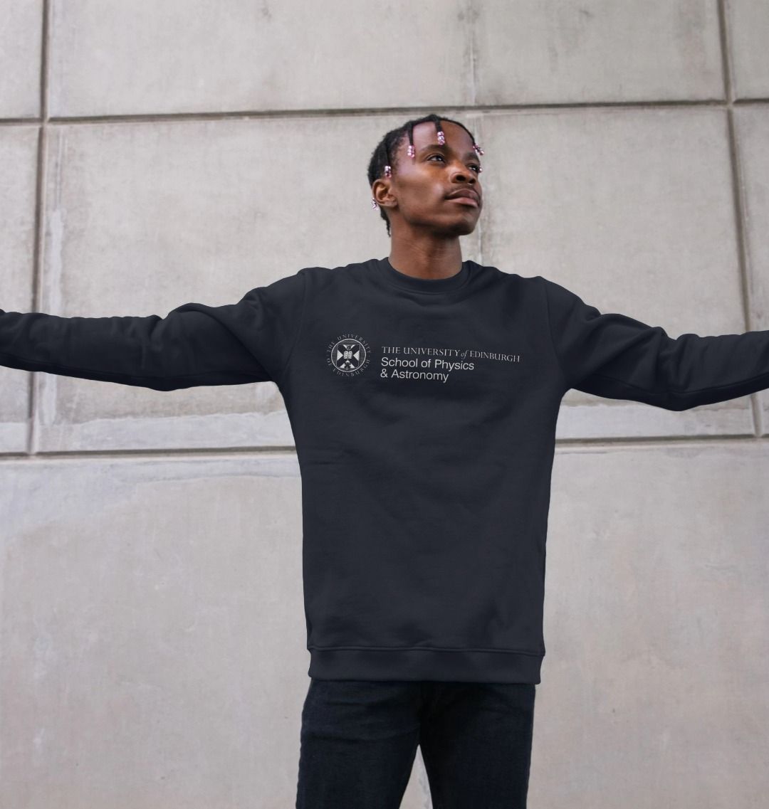 A model wearing our School of Physics & Astronomy Sweatshirt