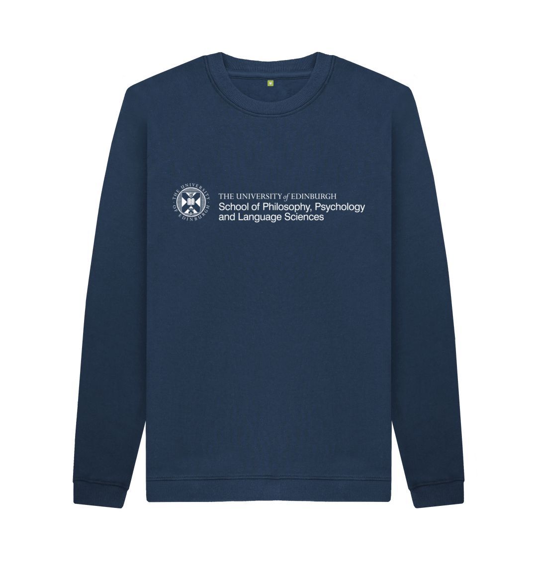 Navy sweatshirt with white University crest and text that reads ' University of Edinburgh School of Philosophy, Psychology and Language Sciences