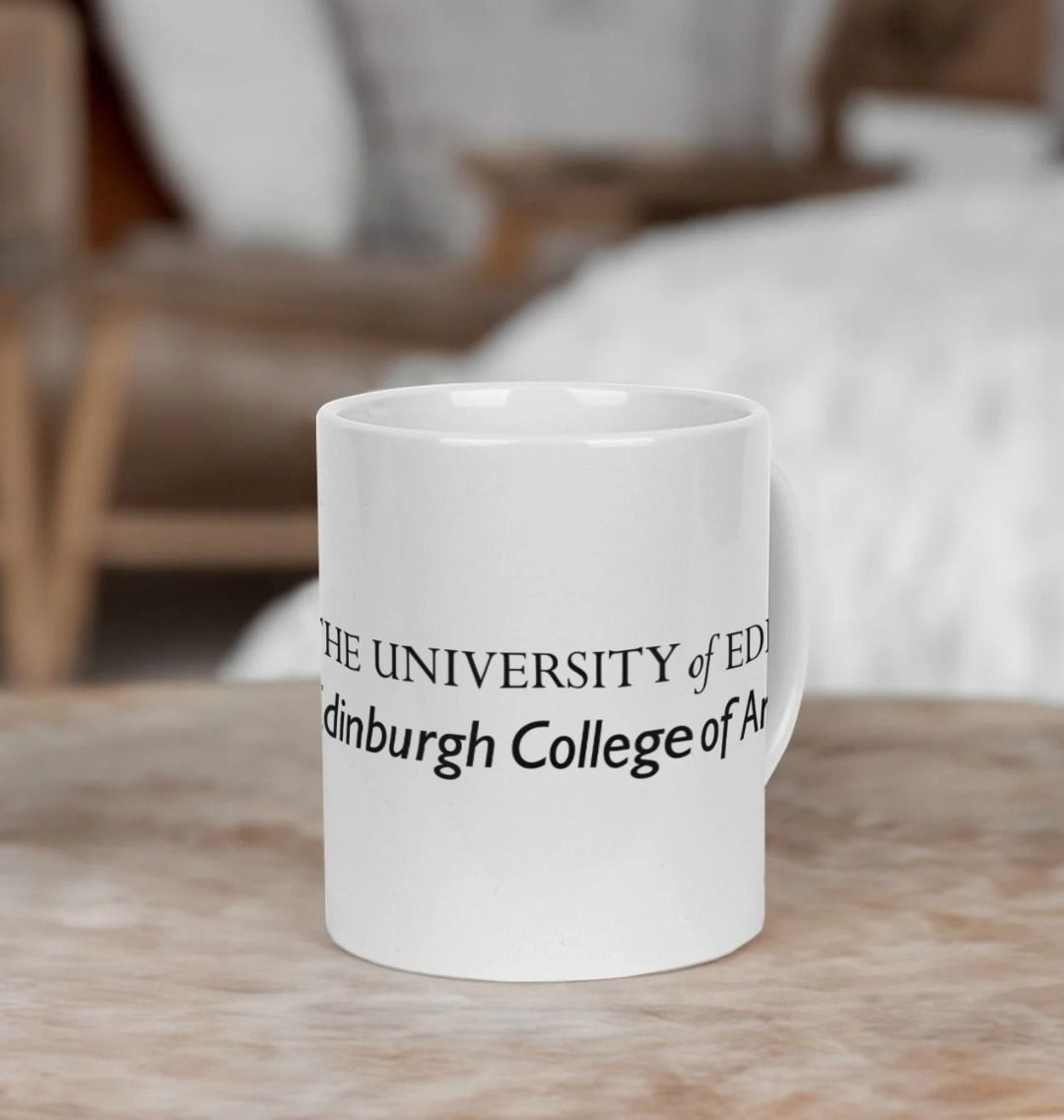 White Edinburgh College of Art Mug with black printed University crest and logo
