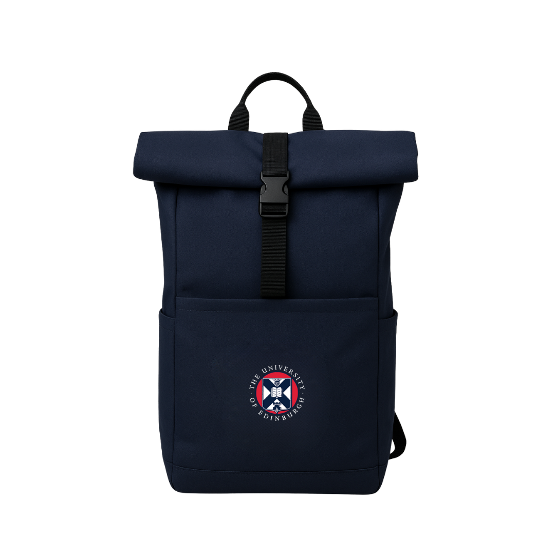 The Classic roll top backpack in navy features a full colour embroidered University Crest.