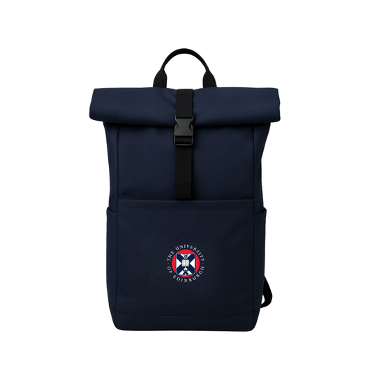 The Classic roll top backpack in navy features a full colour embroidered University Crest.
