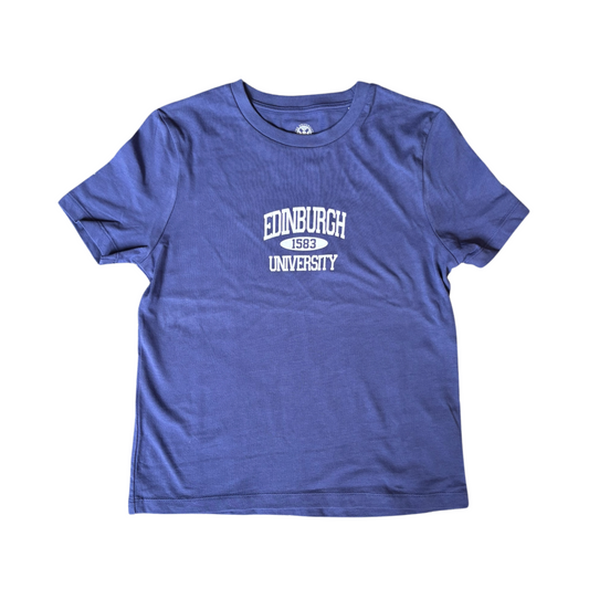 Short-sleeve T-shirt in a purple-blue colour, with white text reading “Edinburgh University 1583” printed on over the chest.
