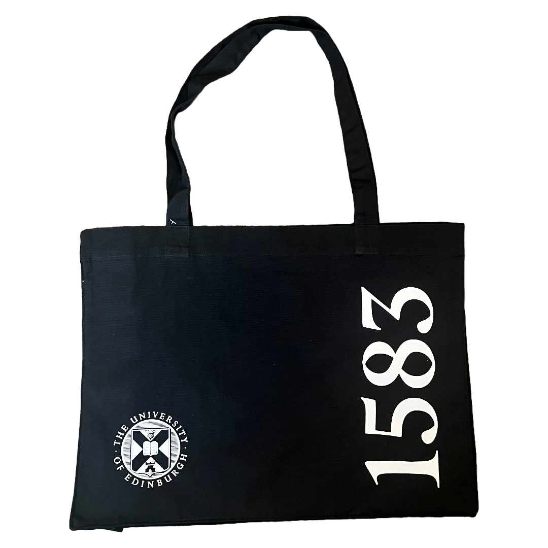 black tote with white university crest in bottom left corner and 1583 up the right side