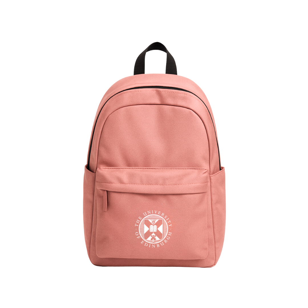 The Mini Recycled Crest Backpack in rose pink featuring the University crest embroidered in white.