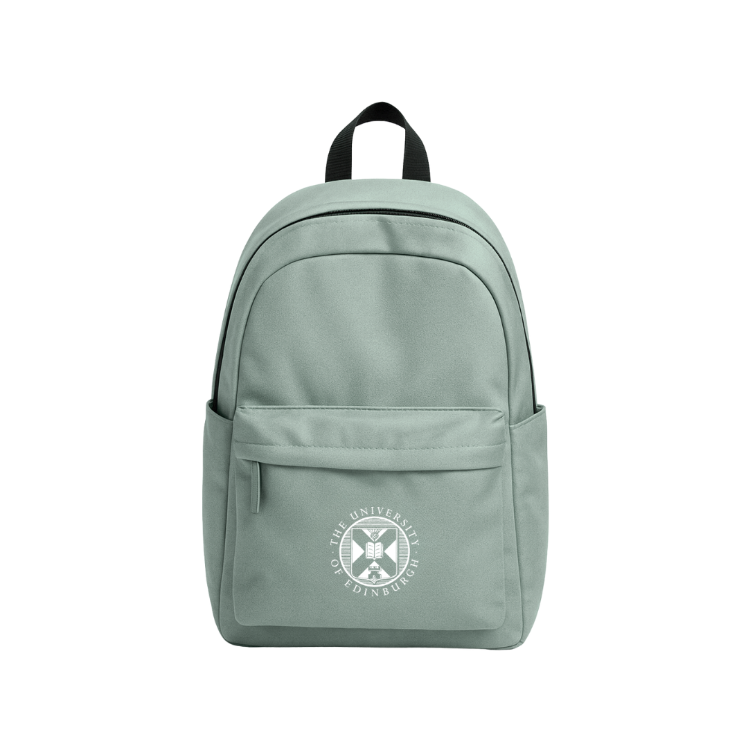 The Mini Recycled Crest Backpack in dusty green featuring the University crest embroidered in white.