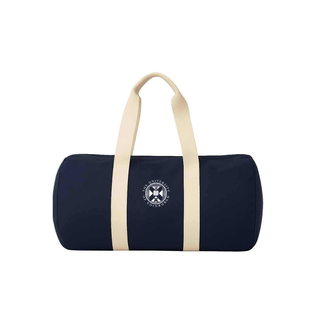 Navy barrel shaped canvas bag with cream handles. University crest is embroidered in the centre.