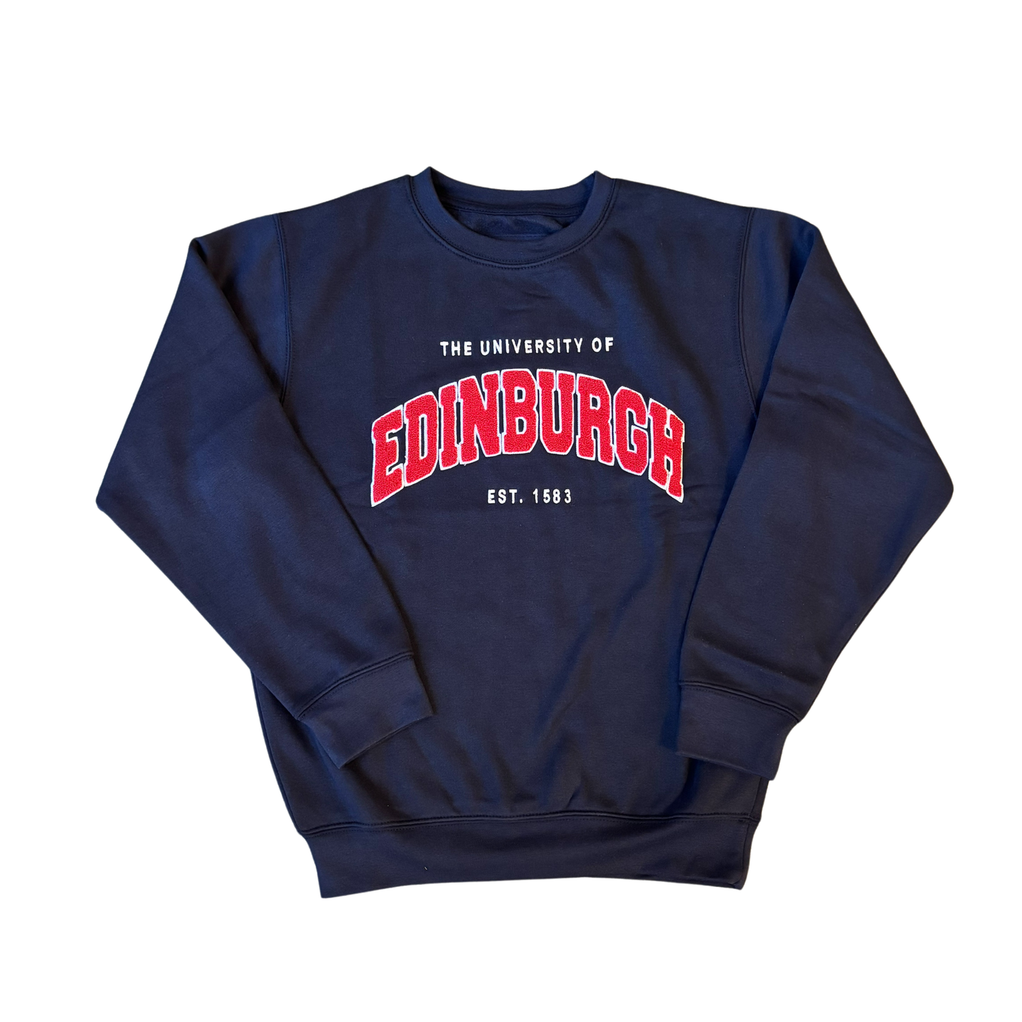 navy embroidered sweatshirt with red chenille applique letters.