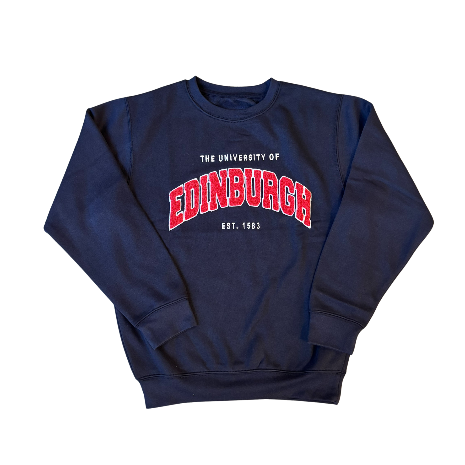 navy embroidered sweatshirt with red chenille applique letters.
