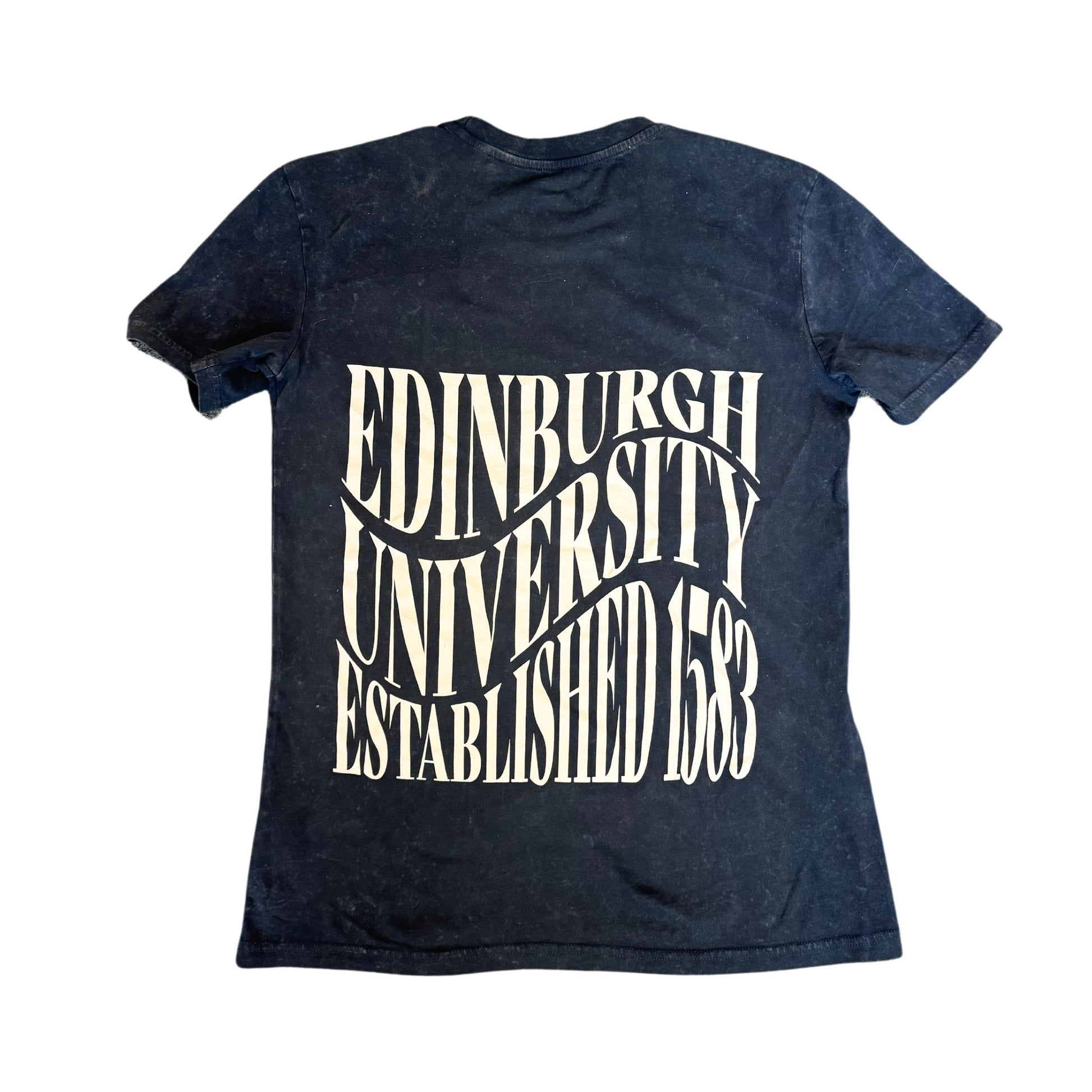 The back of the charcoal vintage tee on a white background. The text is printed in white and in a wavy pattern, which says 'Edinburgh University Established 1583'.