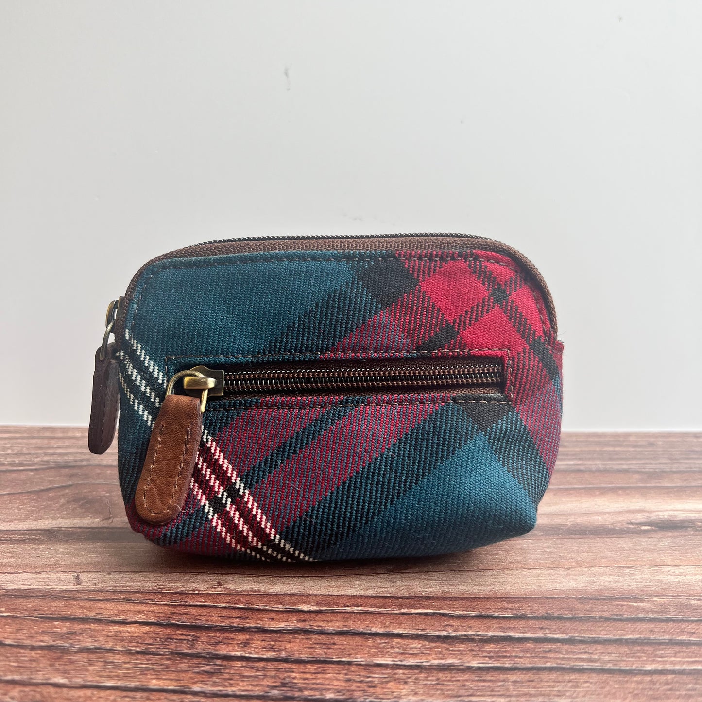 Tartan leather coin purse with 2 zippered compartments