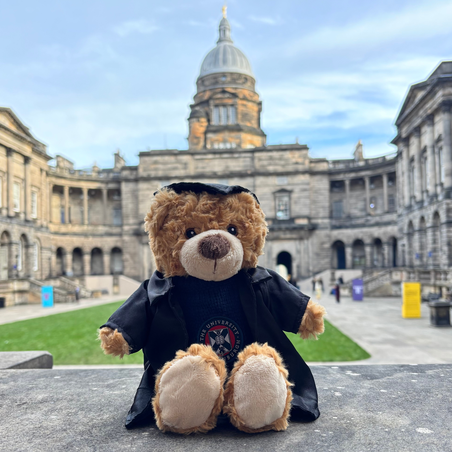 Graduation Edinbear Recycled Plush in the Old College Quad.