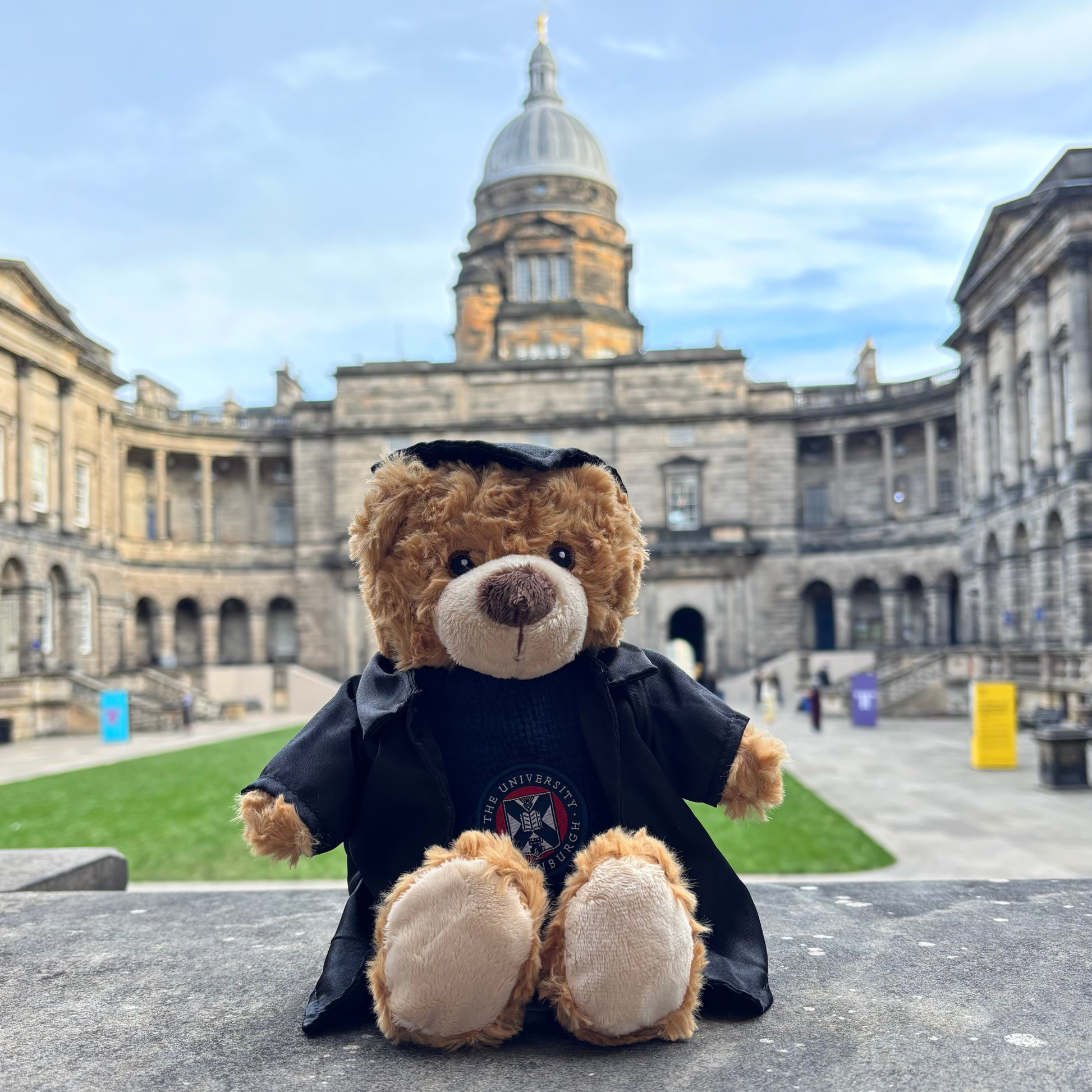 Graduation Edinbear Recycled Plush in the Old College Quad.