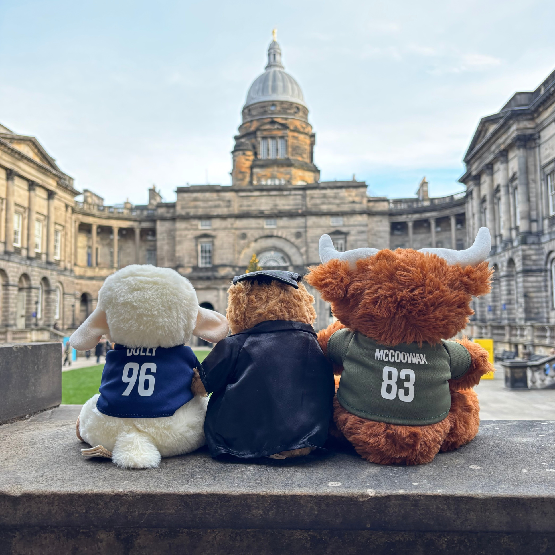 The back of Dolly the Sheep plush, Edinbear plush, and McCoowan plush in the Old College Quad.