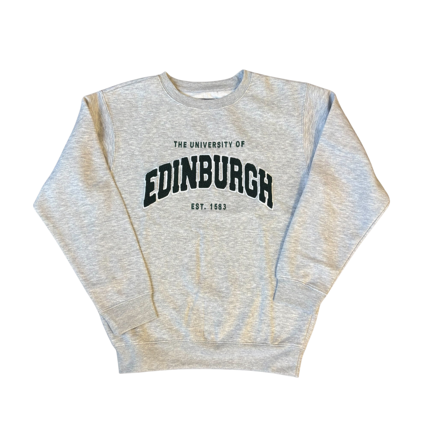 grey embroidered sweatshirt with dark green chenille applique letters.