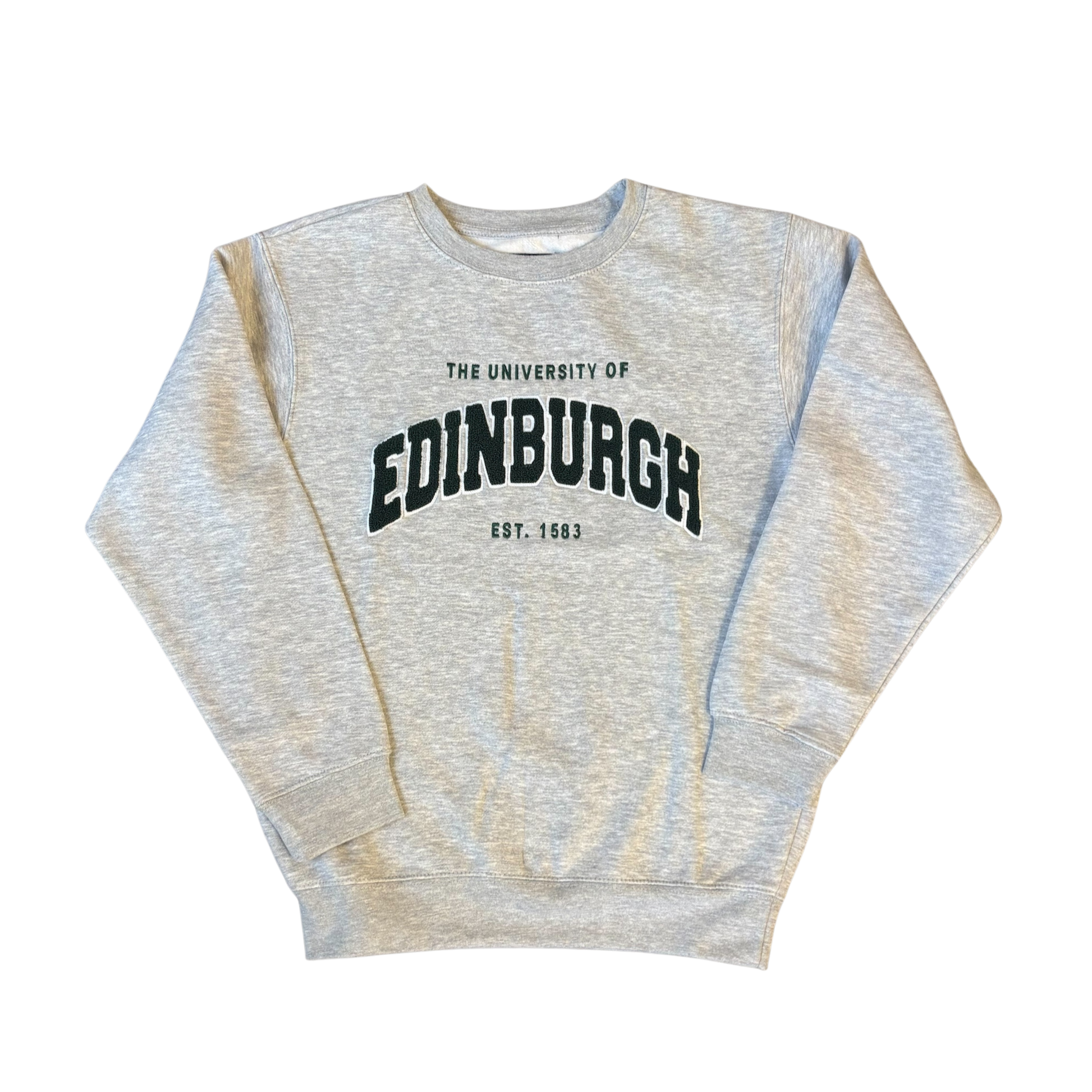 grey embroidered sweatshirt with dark green chenille applique letters.