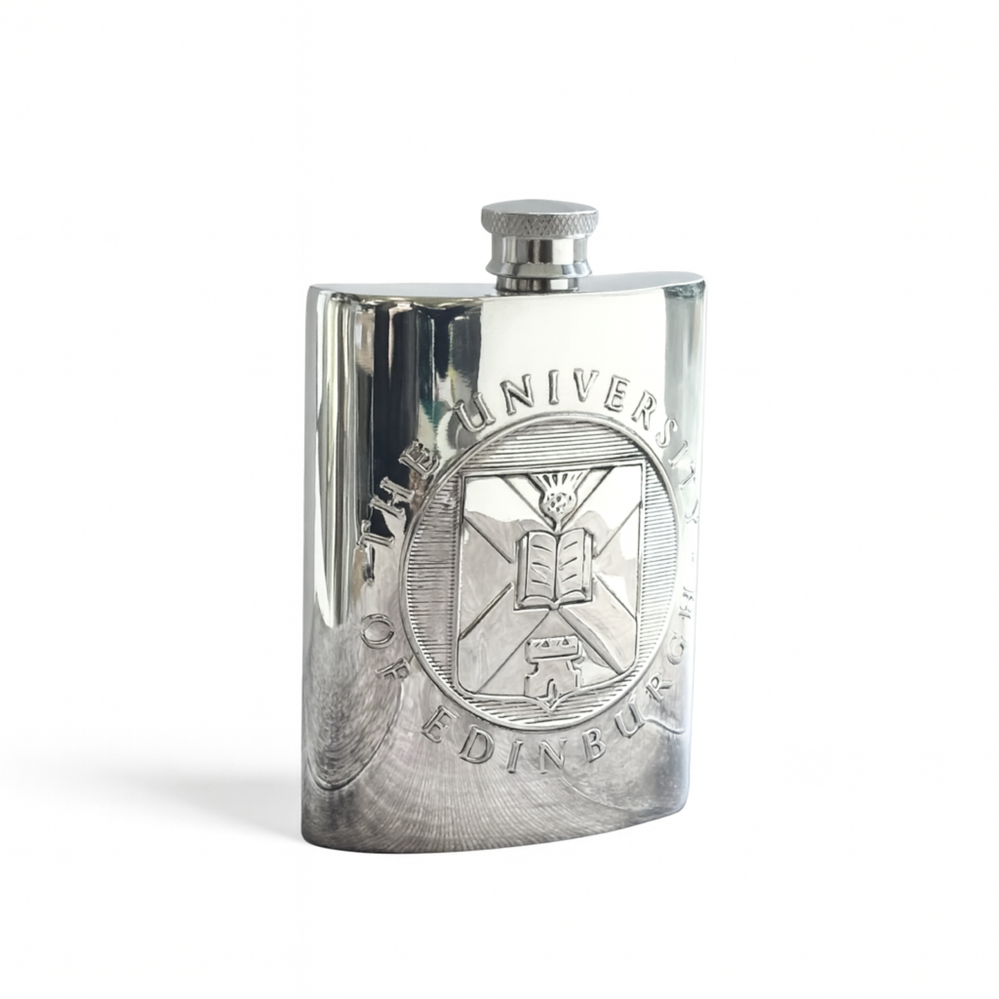 Square pewter hip flask with an embossing of the University crest. 