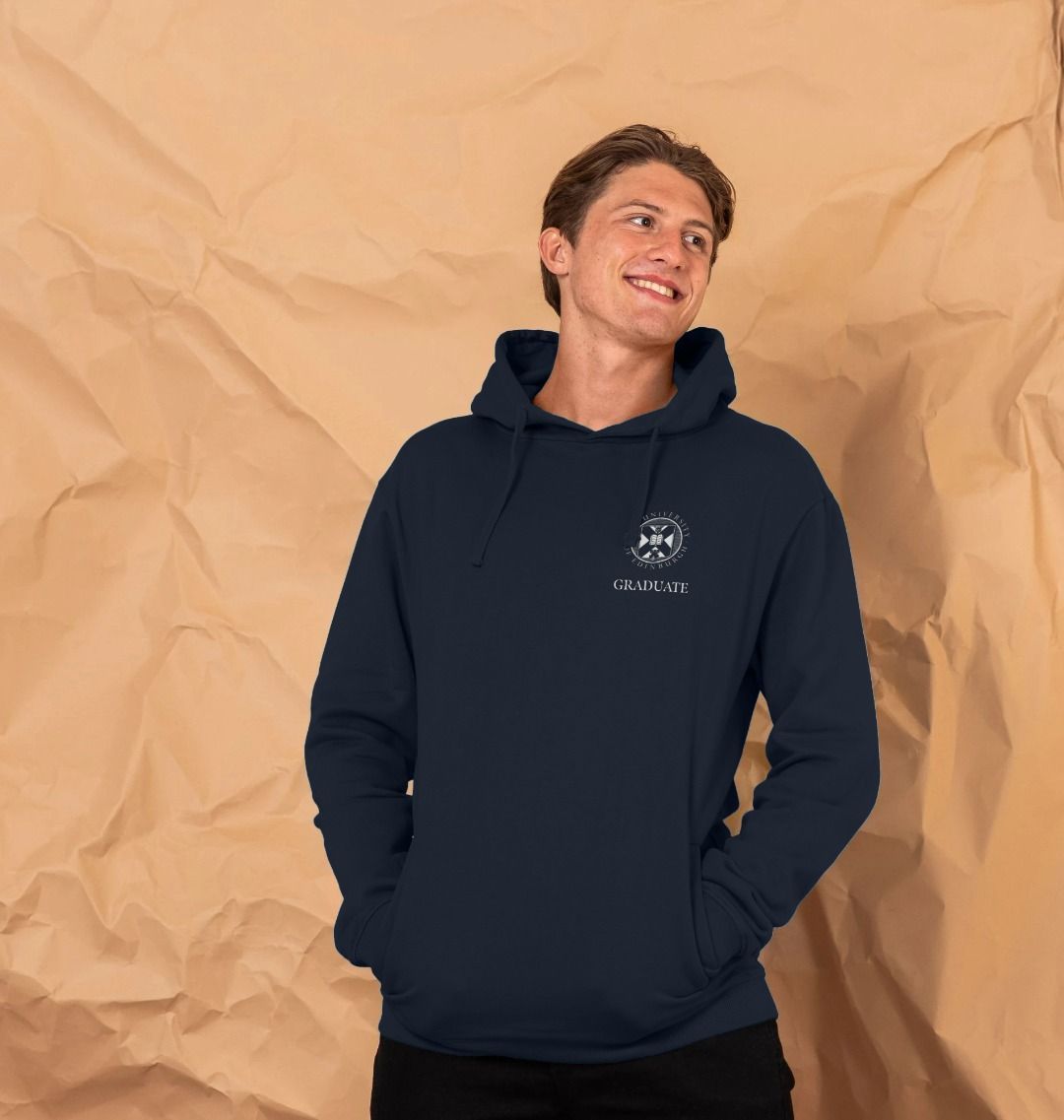 Model wears Navy School of Physics & Astronomy 'Class Of' Graduate Hoodie showing front design.