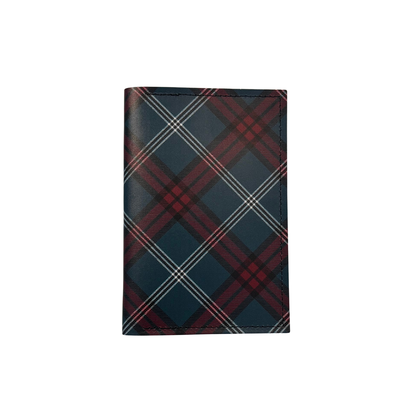 The University tartan printed on a leather passport holder.