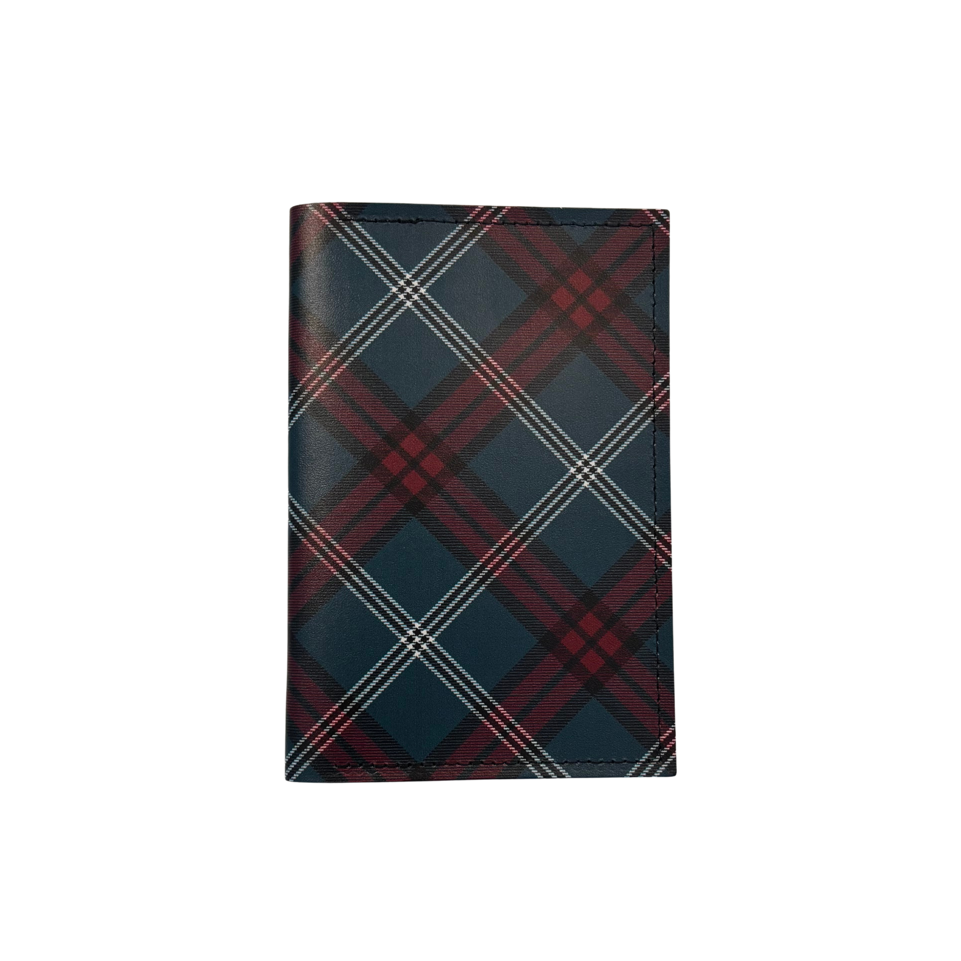 The University tartan printed on a leather passport holder.