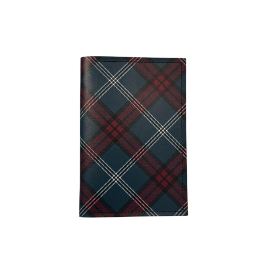 The University tartan printed on a leather passport holder.