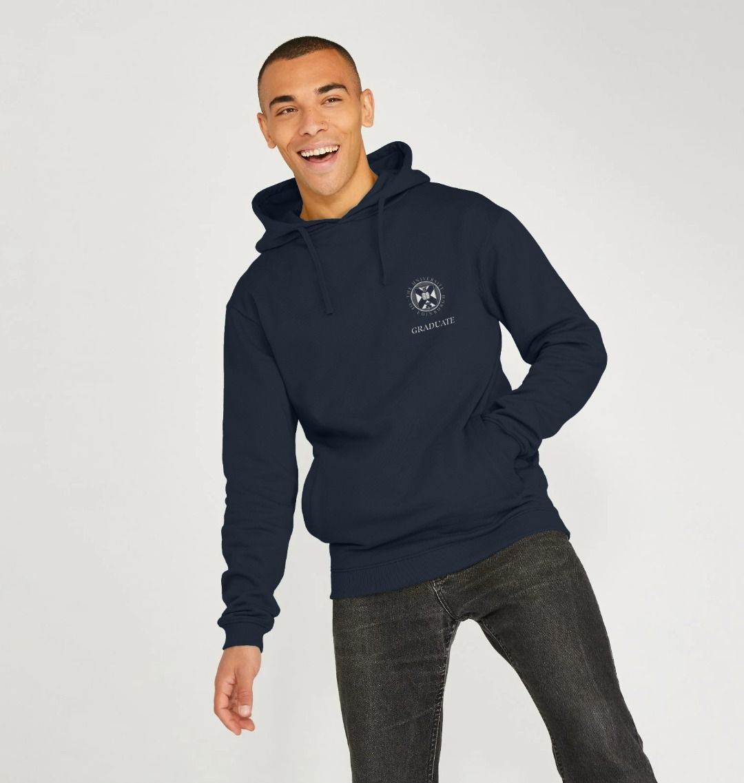Model wears Navy Clinical Sciences 'Class Of' Graduate Hoodie showing front design.