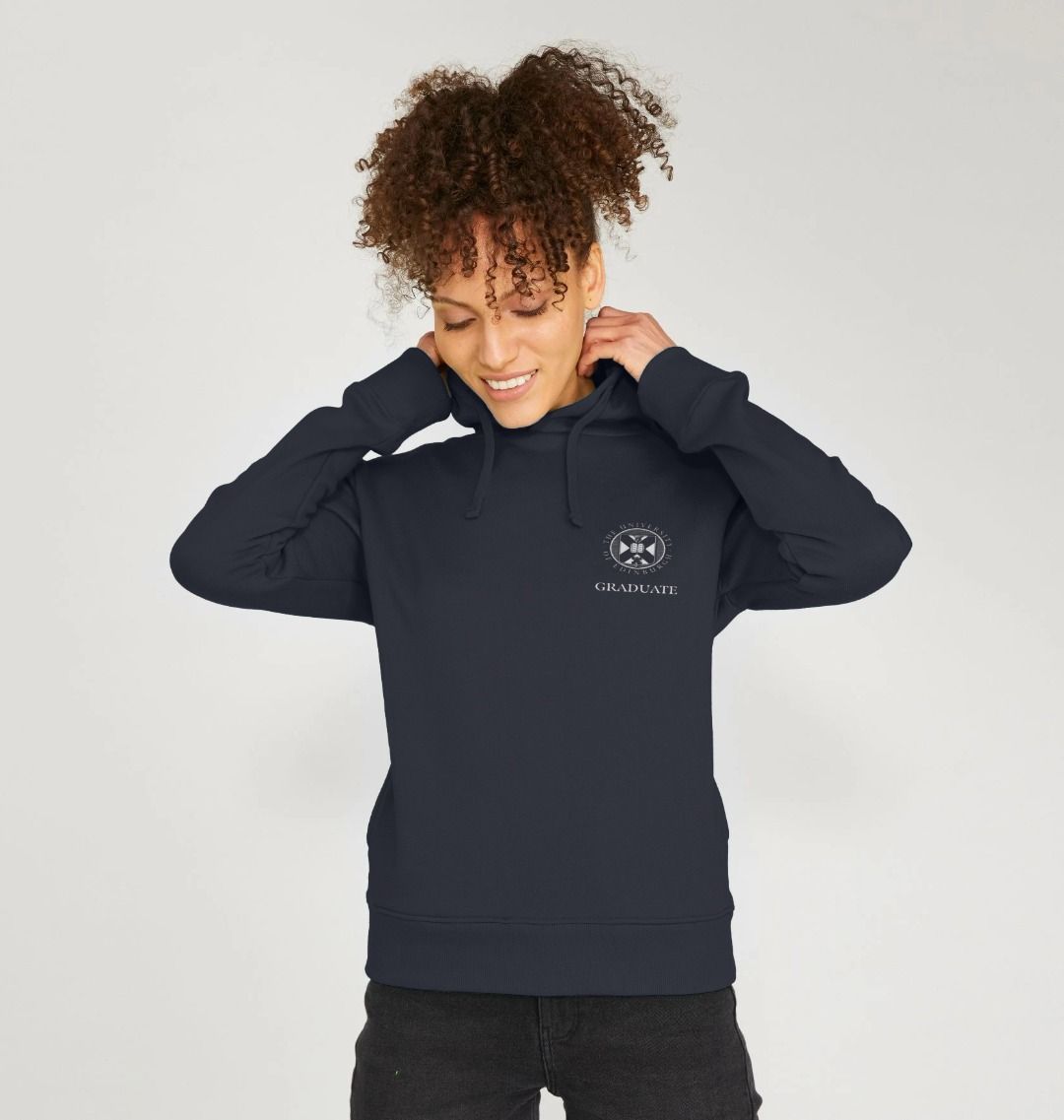 Model wears Navy Moray House 'Class Of' Graduate Hoodie showing front design.