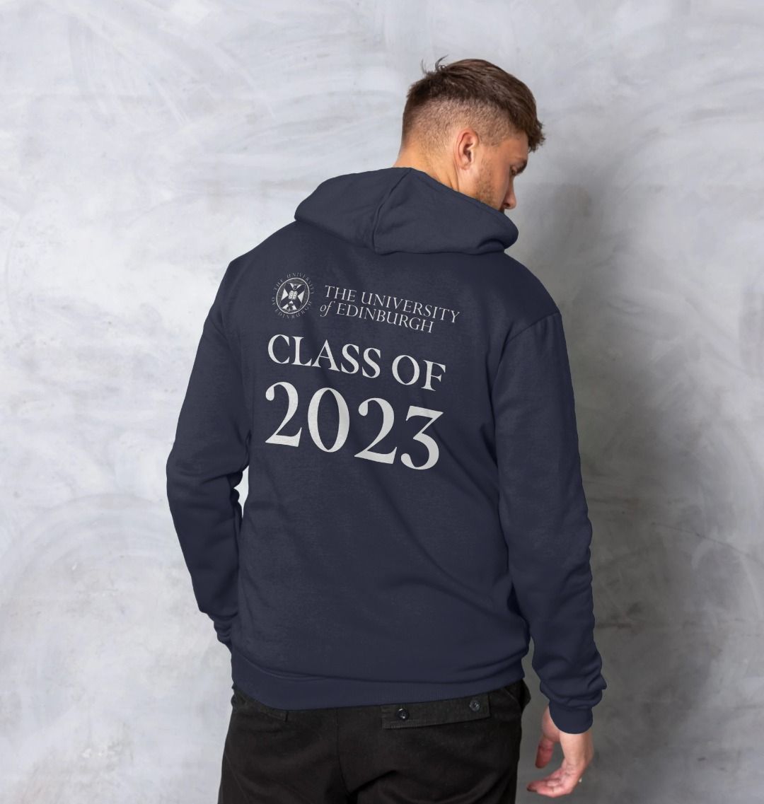 Model shows back of Navy Class of 2023 Hoodie.