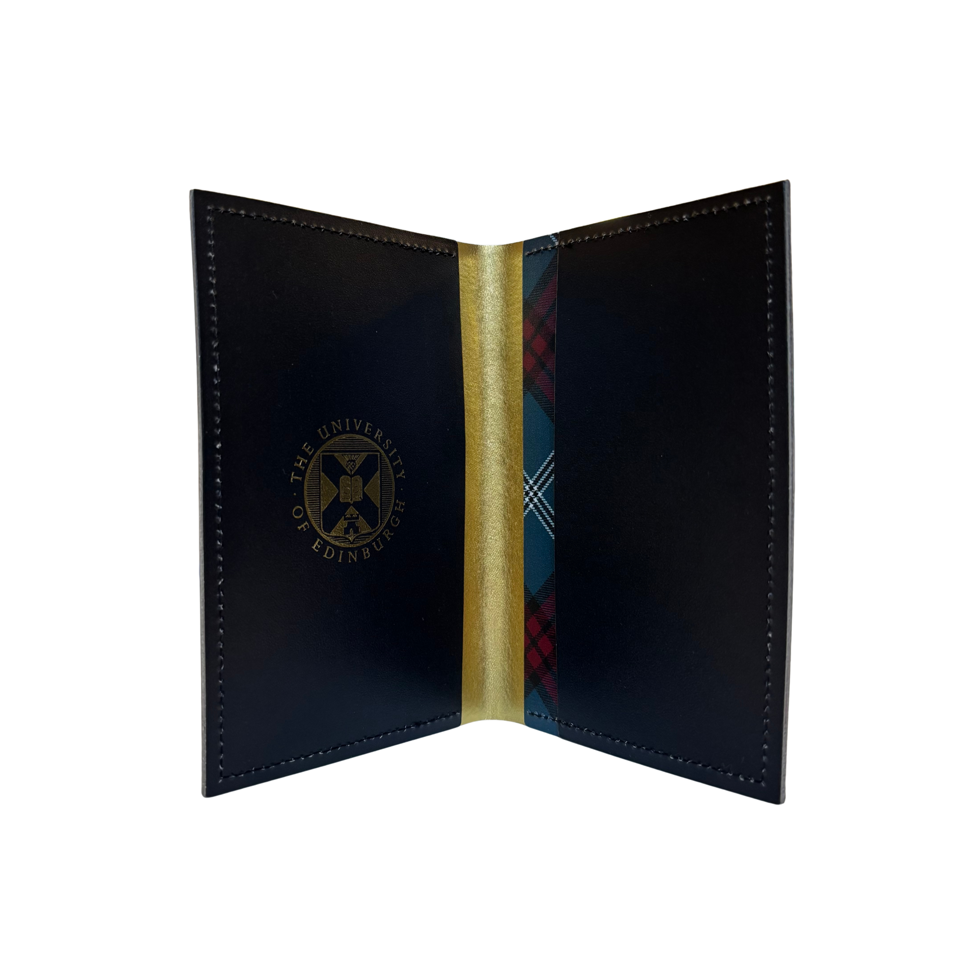 The inside of the tartan passport holder features a gold foil crest, with gold detailing and a tartan print pocket.