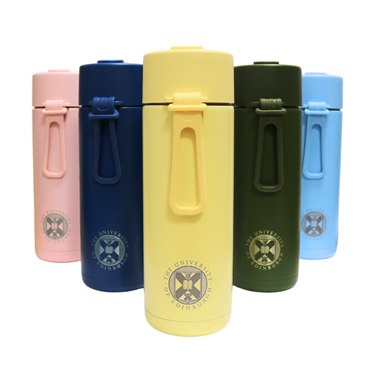 The complete range of Frank Green x The University of Edinburgh Thermal Reusable Bottles. Pictured from left to right, colours: Blushed, Deep Ocean, Buttermilk, Khaki Green, and Sky Blue.
