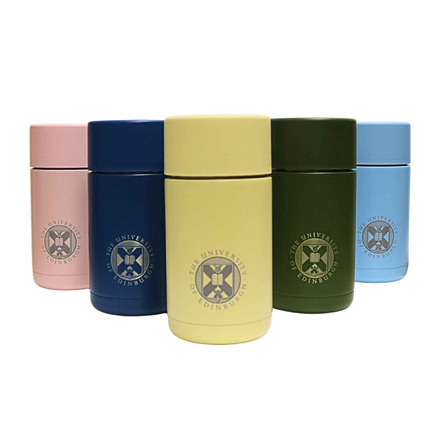The complete range of Frank Green x The University of Edinburgh Thermal Reusable Coffee Cups. Pictured from left to right, colours: Blushed, Deep Ocean, Buttermilk, Khaki Green, and Sky Blue.