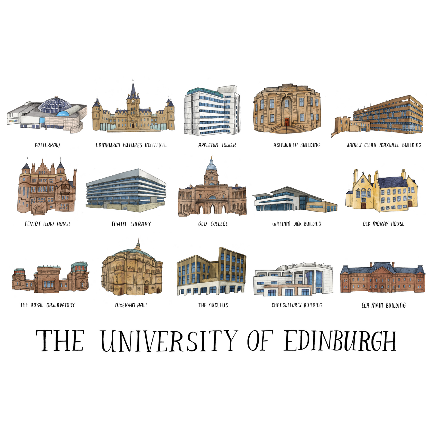 The front of the postcard features 15 of the University's iconic buildings in a fun and whimsical illustration style. The postcard depicts the: Potterrow Dome; Edinburgh Futures Institute; Appleton Tower; Ashworth Building; James Clark Maxwell Building; Teviot Row House; Main Library; Old College; William Dick Building; Old Moray House; Royal Observatory; McEwan Hall; Nucleus Building; Chancellor's Building and ECA Main Building.