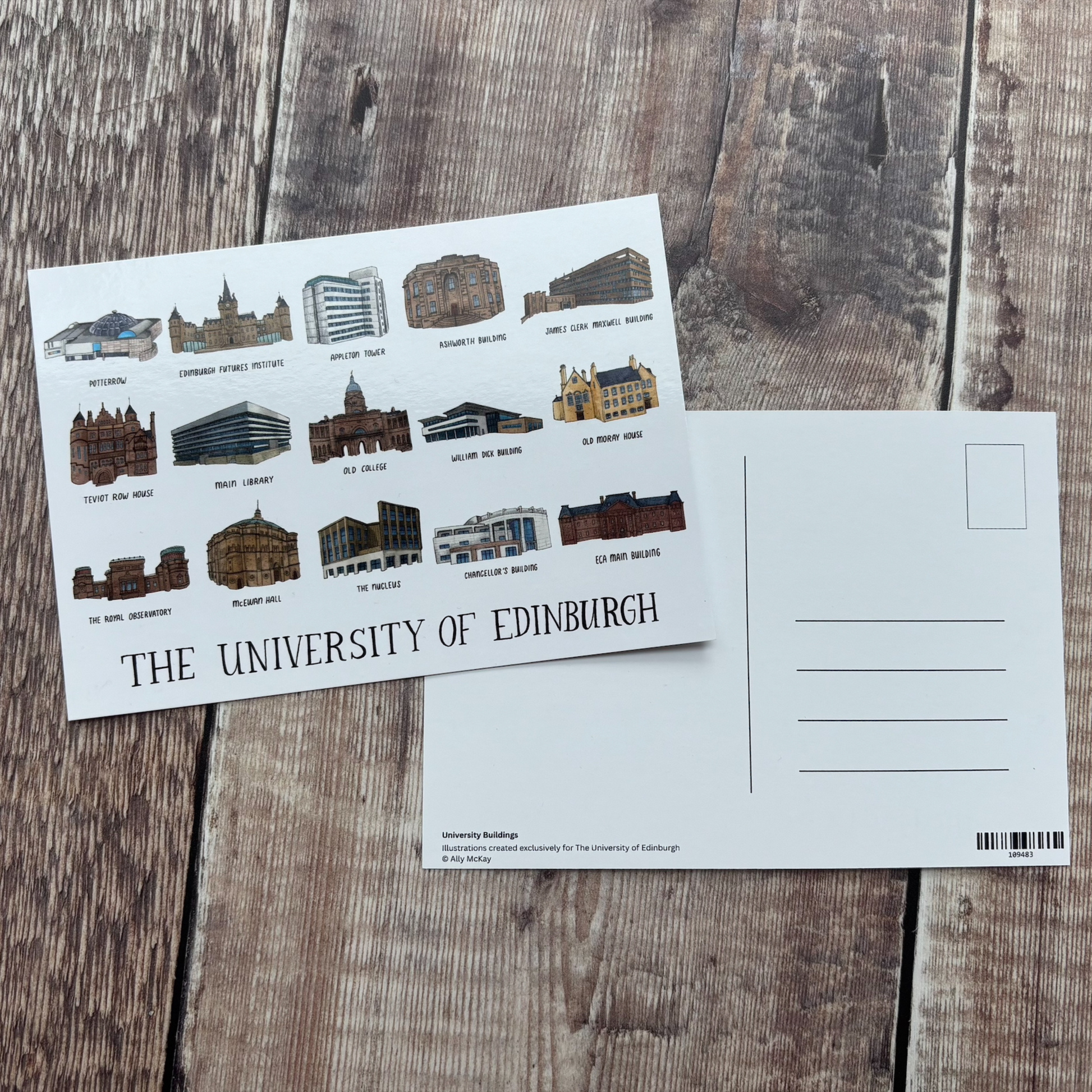 The front of the postcard features 15 of the University's iconic buildings in a fun and whimsical illustration style. The postcard depicts the: Potterrow Dome; Edinburgh Futures Institute; Appleton Tower; Ashworth Building; James Clark Maxwell Building; Teviot Row House; Main Library; Old College; William Dick Building; Old Moray House; Royal Observatory; McEwan Hall; Nucleus Building; Chancellor's Building and ECA Main Building.