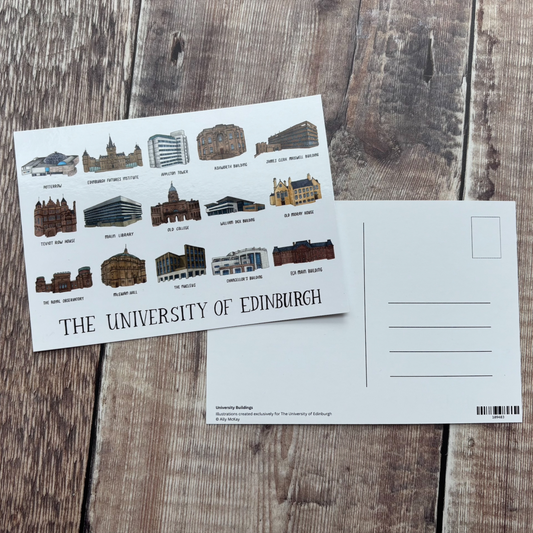 The front of the postcard features 15 of the University's iconic buildings in a fun and whimsical illustration style. The postcard depicts the: Potterrow Dome; Edinburgh Futures Institute; Appleton Tower; Ashworth Building; James Clark Maxwell Building; Teviot Row House; Main Library; Old College; William Dick Building; Old Moray House; Royal Observatory; McEwan Hall; Nucleus Building; Chancellor's Building and ECA Main Building.
