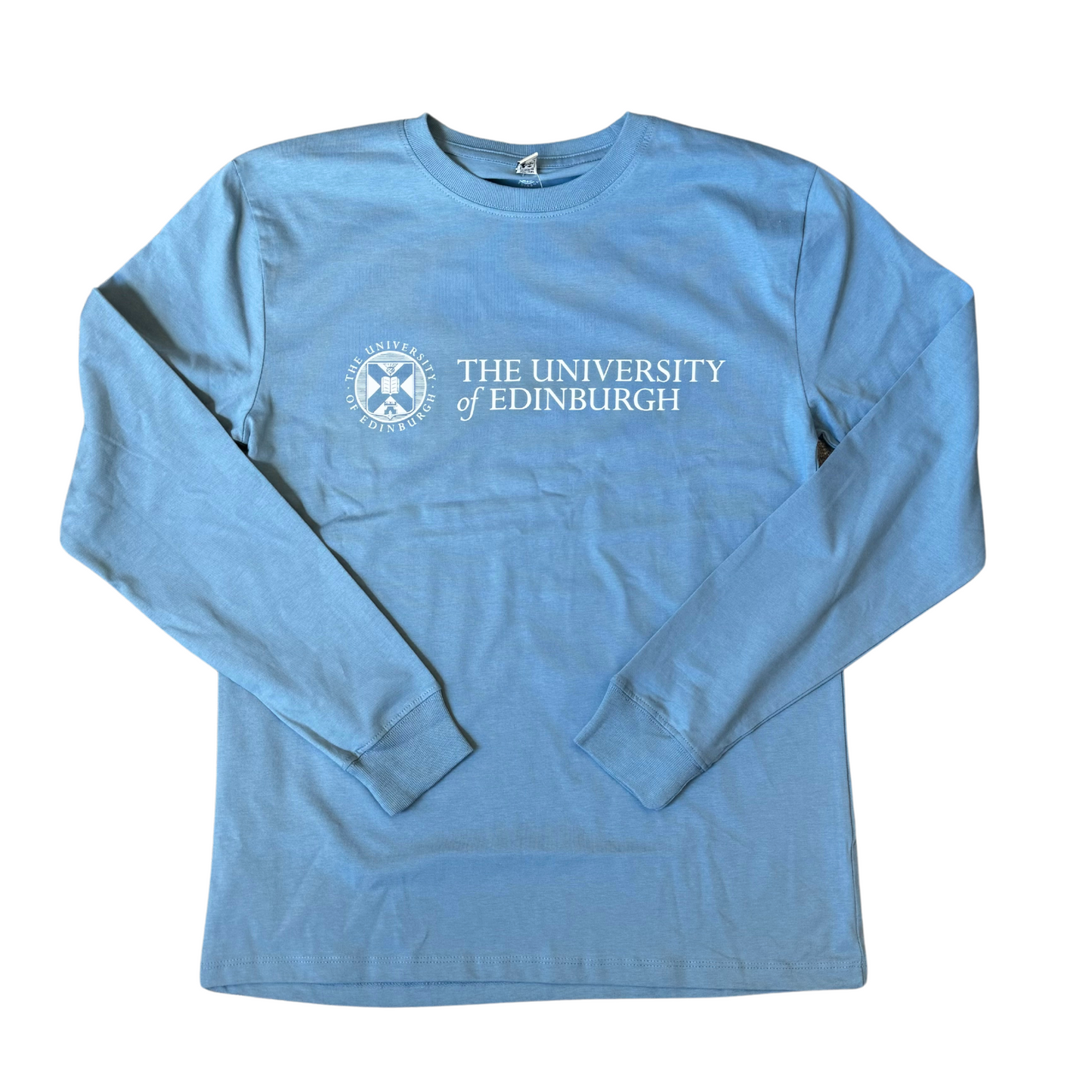 The University Classic Logo on our stone blue long sleeve with cuffed sleeves against white backdrop.