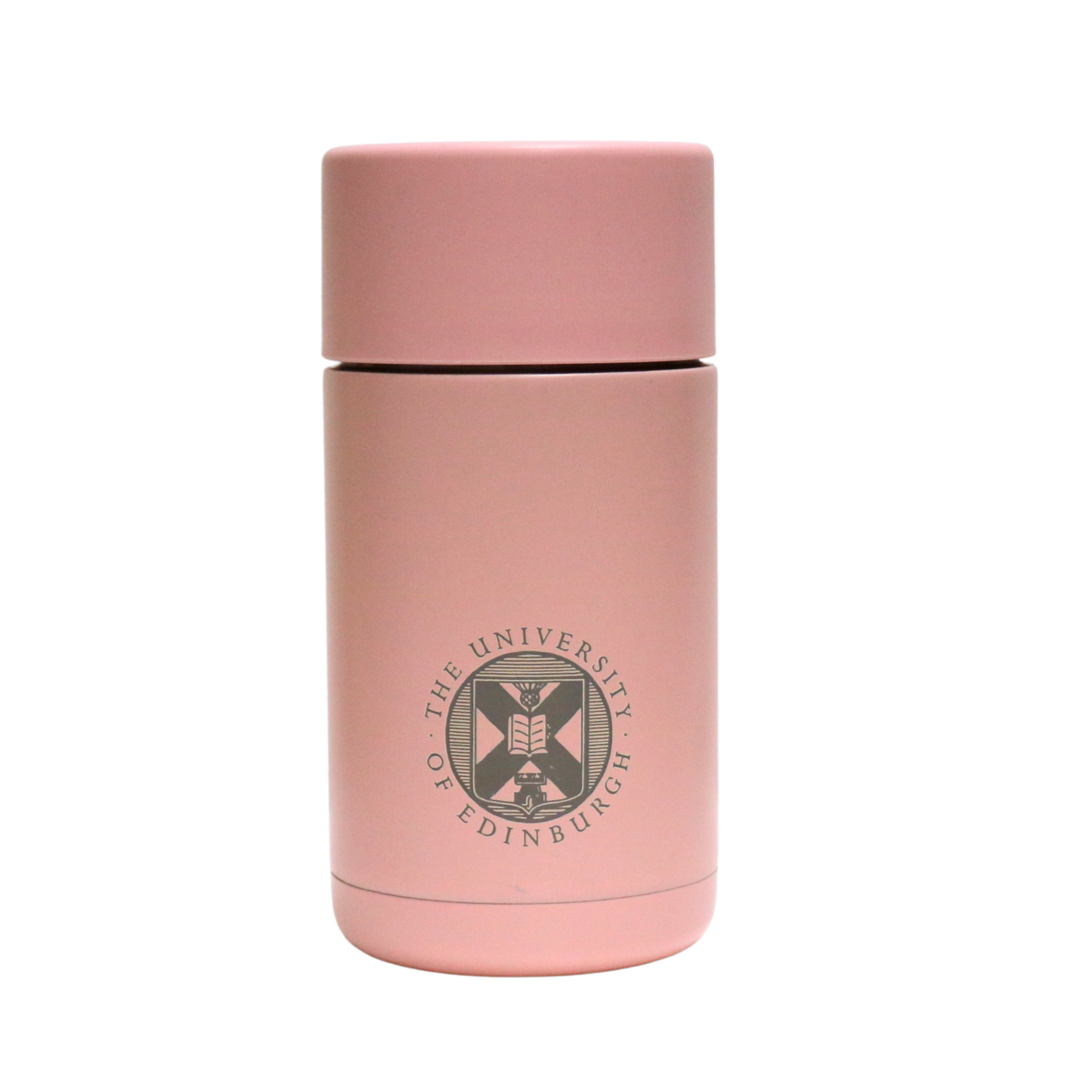 The front of the Frank Green Thermal Reusable Coffee Cup - 355ml in Blushed with the University logo laser engraved. 