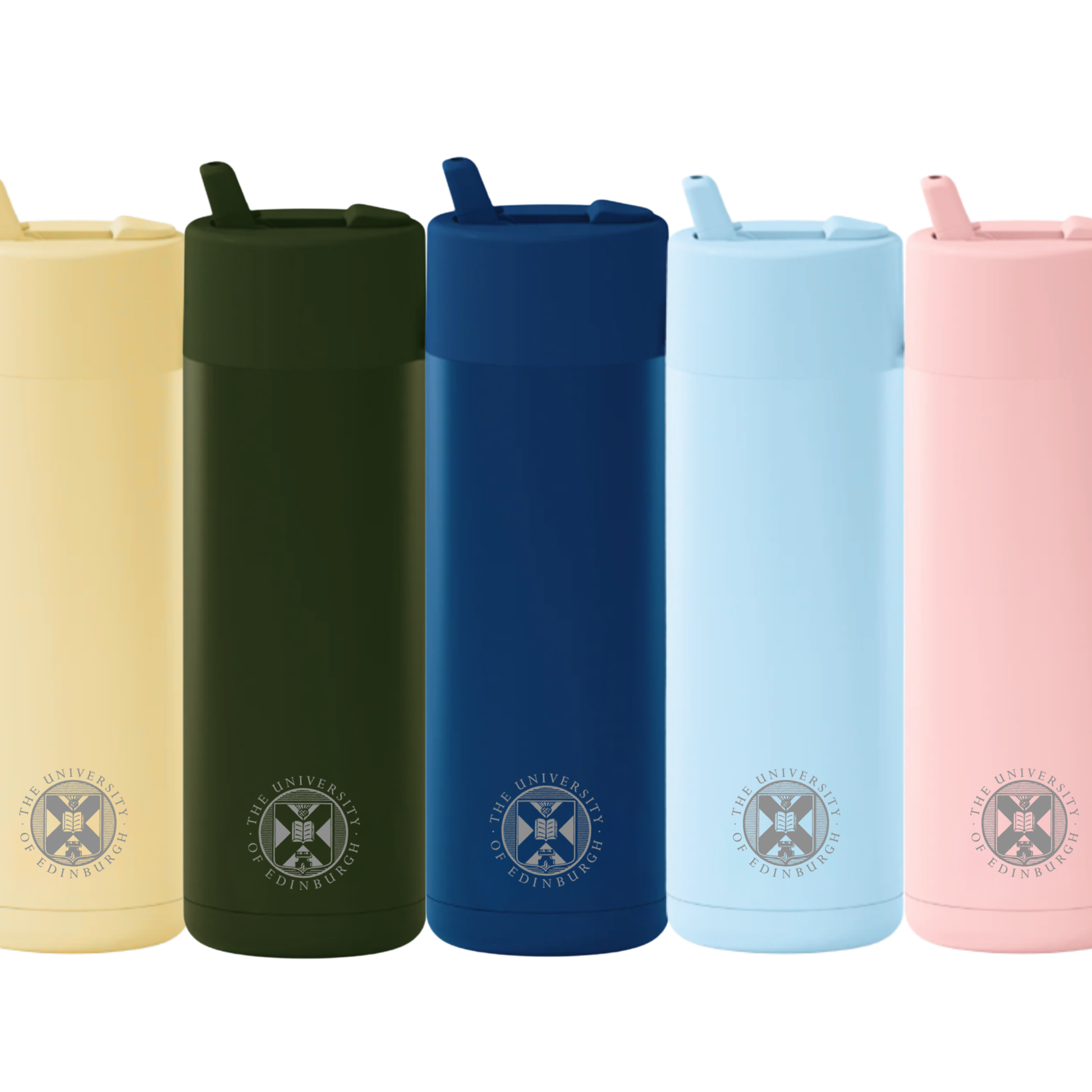 The complete range of Frank Green x The University of Edinburgh Thermal Reusable Bottles.